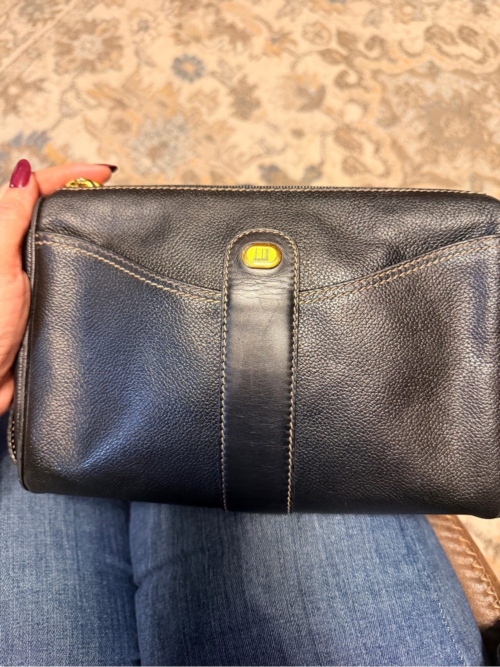 Dunhill Black Pebbled Leather Wristlet with Gold Detail